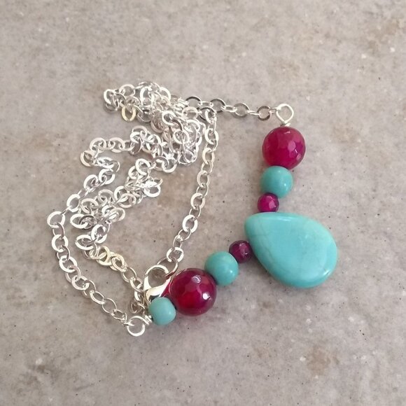 Aqua Howlite Cranberry Magenta Agate! Minimalist Bar Necklace - Perfect 4 Spring - Picture 2 of 5